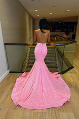 Pink Sleeveless Sequins Mermaid Evening Dress Long with Slit