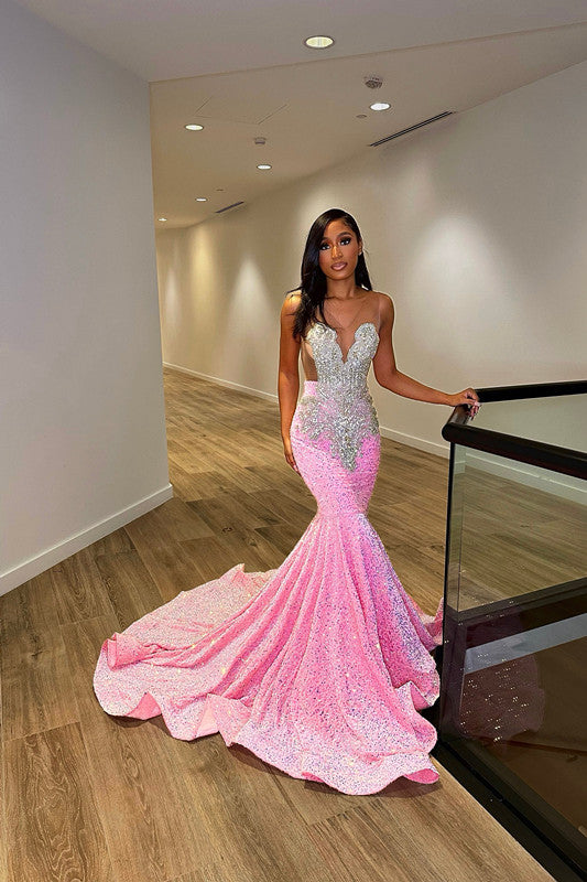 Pink Sleeveless Sequins Mermaid Evening Dress Long with Slit