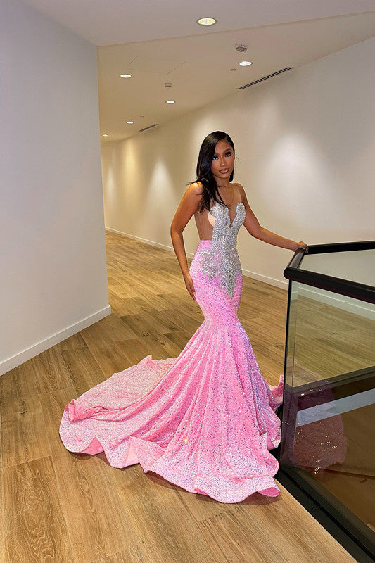 Pink Sleeveless Sequins Mermaid Evening Dress Long with Slit