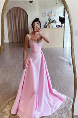 Pink Spaghetti Strap A-Line Long Prom Dress with Beading