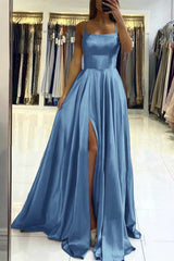 Pink Spaghetti Strap Backless Long Prom Dress with Front Split