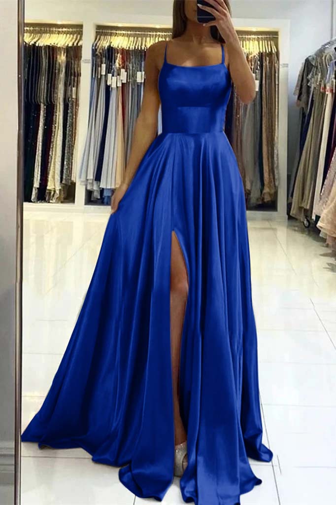 Pink Spaghetti Strap Backless Long Prom Dress with Front Split