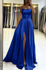 Pink Spaghetti Strap Backless Long Prom Dress with Front Split