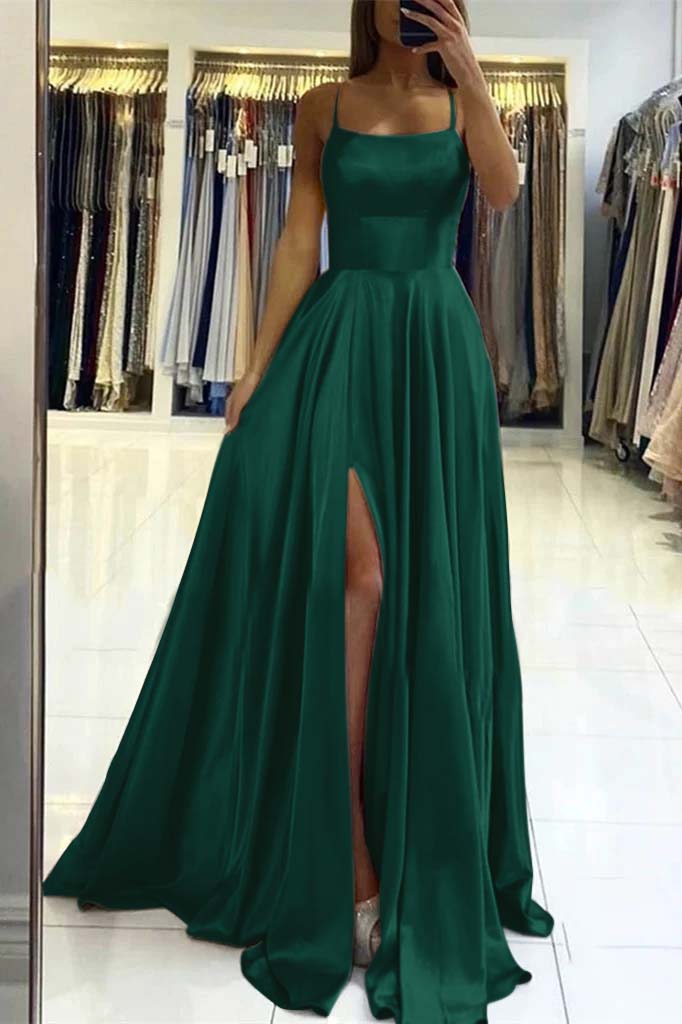 Pink Spaghetti Strap Backless Long Prom Dress with Front Split