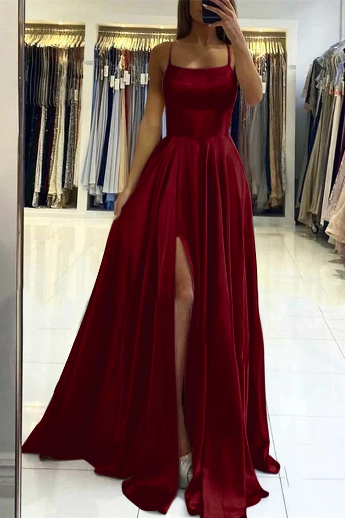 Pink Spaghetti Strap Backless Long Prom Dress with Front Split