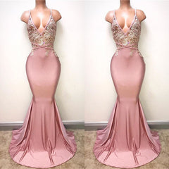 Pink Spaghetti-Straps Mermaid Long Prom Dress with Lace Appliques