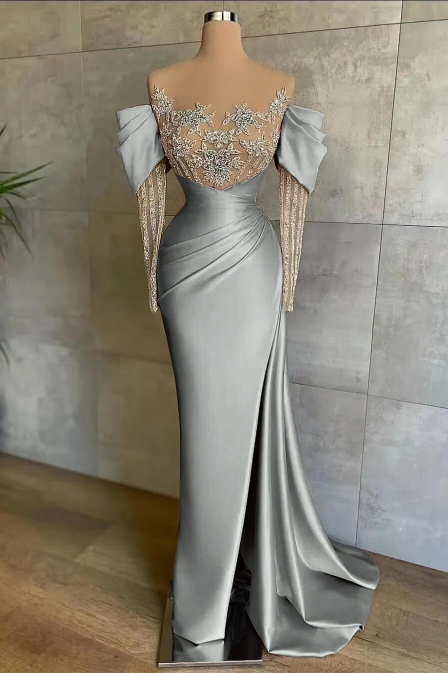 Off the Shoulder Long Sleeve Mermaid Prom Dress with Beading Split
