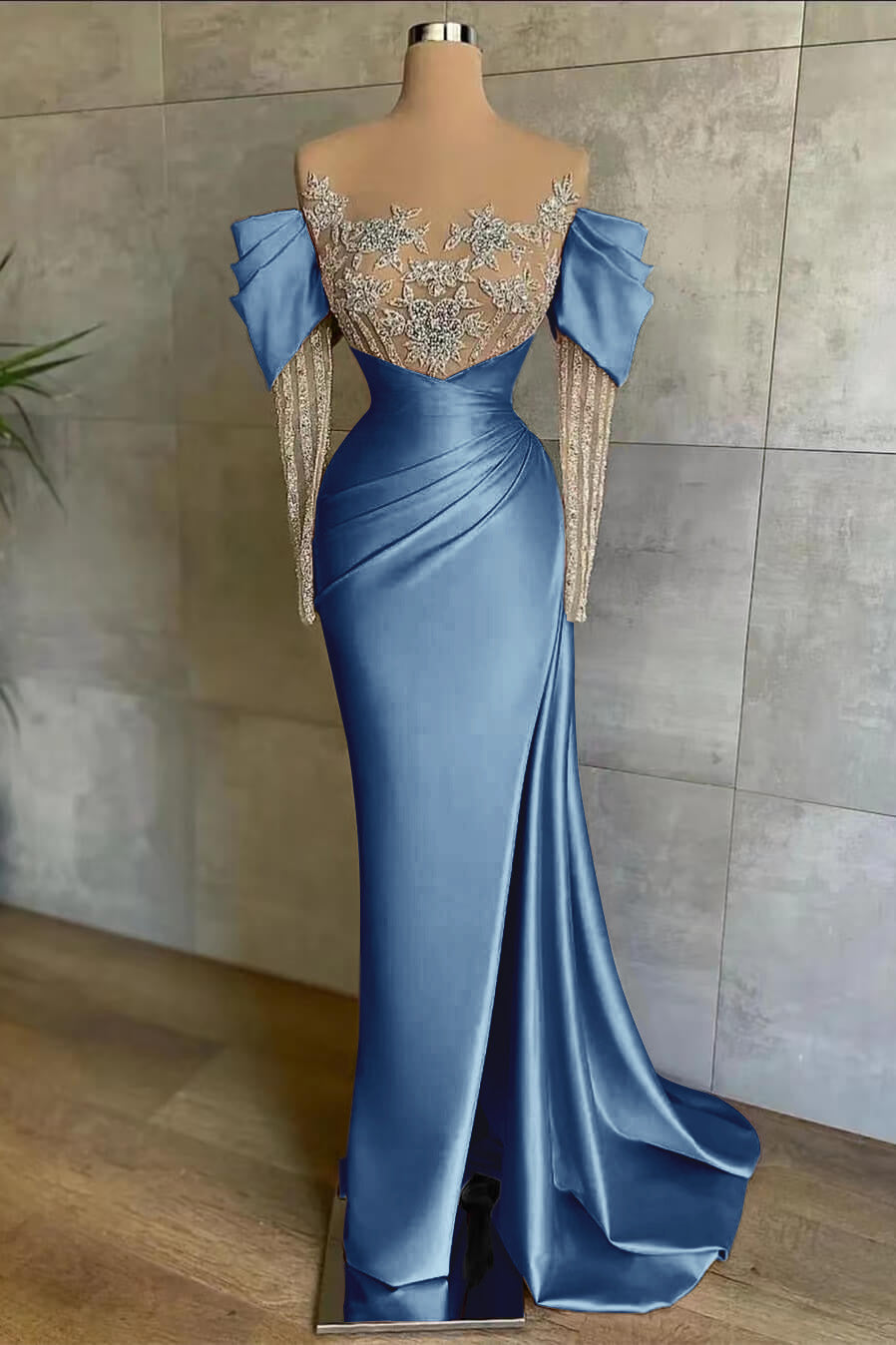 Off the Shoulder Long Sleeve Mermaid Prom Dress with Beading Split
