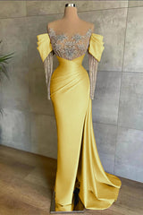 Off the Shoulder Long Sleeve Mermaid Prom Dress with Beading Split