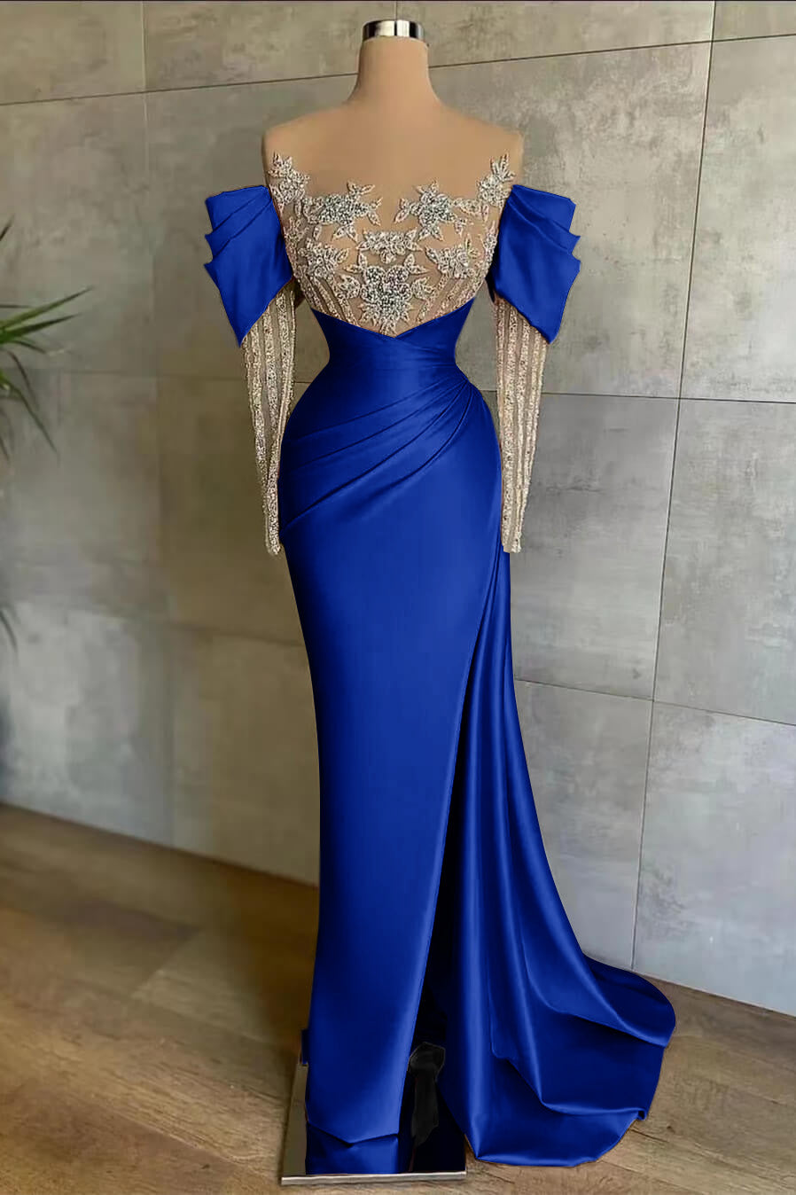 Off the Shoulder Long Sleeve Mermaid Prom Dress with Beading Split