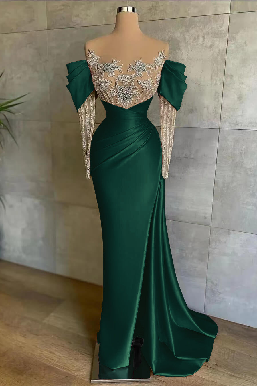Off the Shoulder Long Sleeve Mermaid Prom Dress with Beading Split