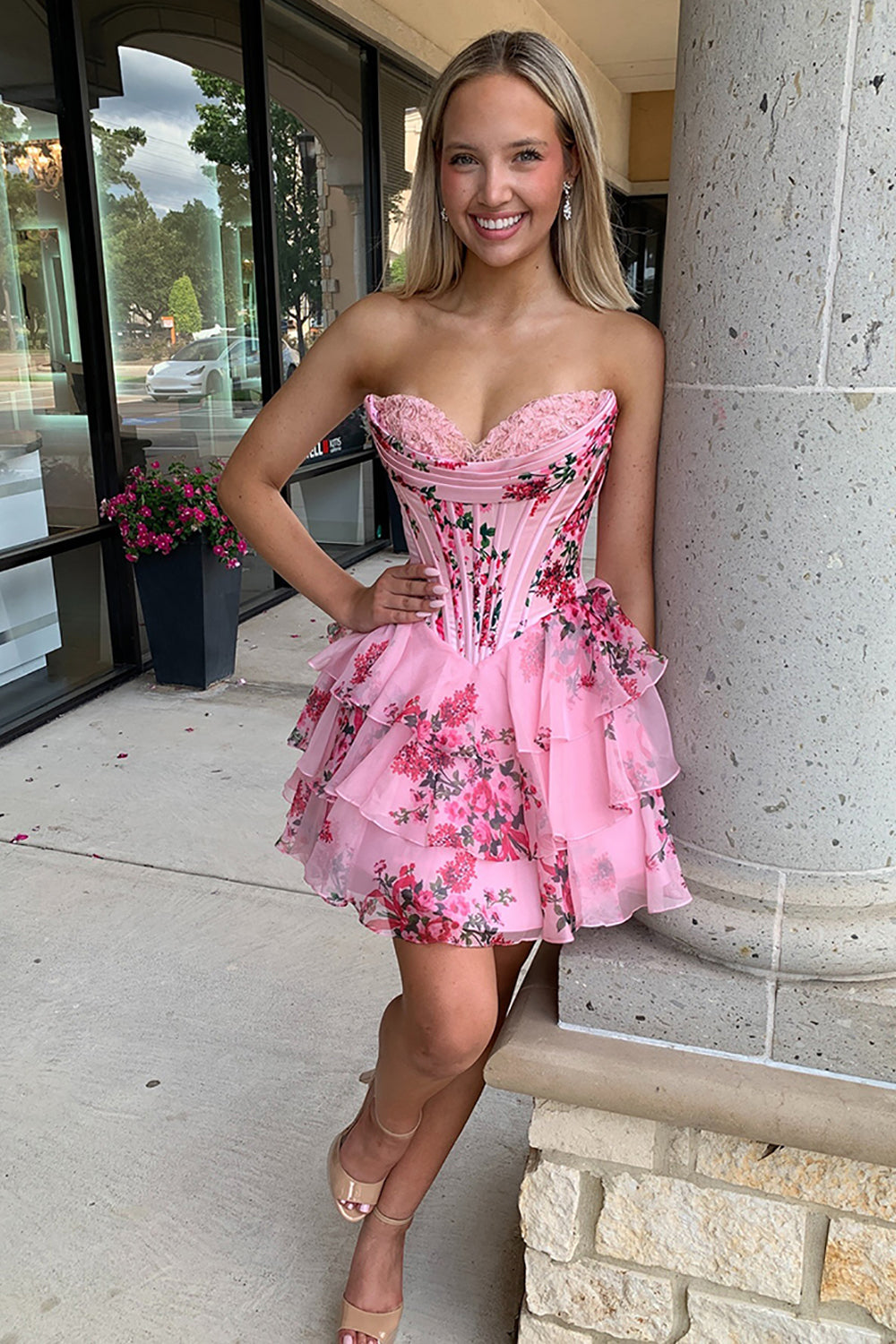 Babyonlines Pink Strapless Corset Short Floral Homecoming Dresses