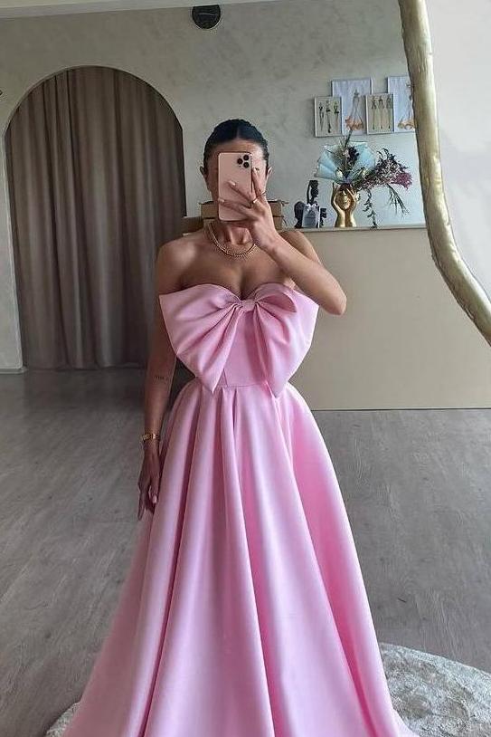 Pink Strapless Sweetheart A-Line Long Prom Dress with Bowknot