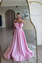 Pink Strapless Sweetheart A-Line Long Prom Dress with Bowknot