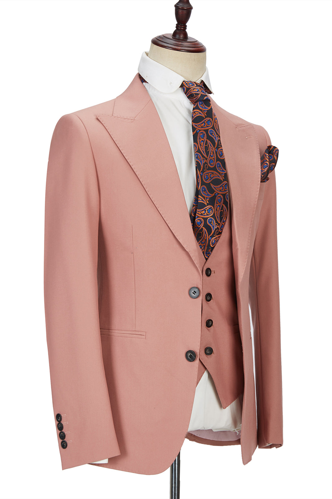 Pink Three-Piece Marriage Suit with Two Buttons and Peak Lapel for Men