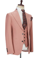 Pink Three-Piece Marriage Suit with Two Buttons and Peak Lapel for Men