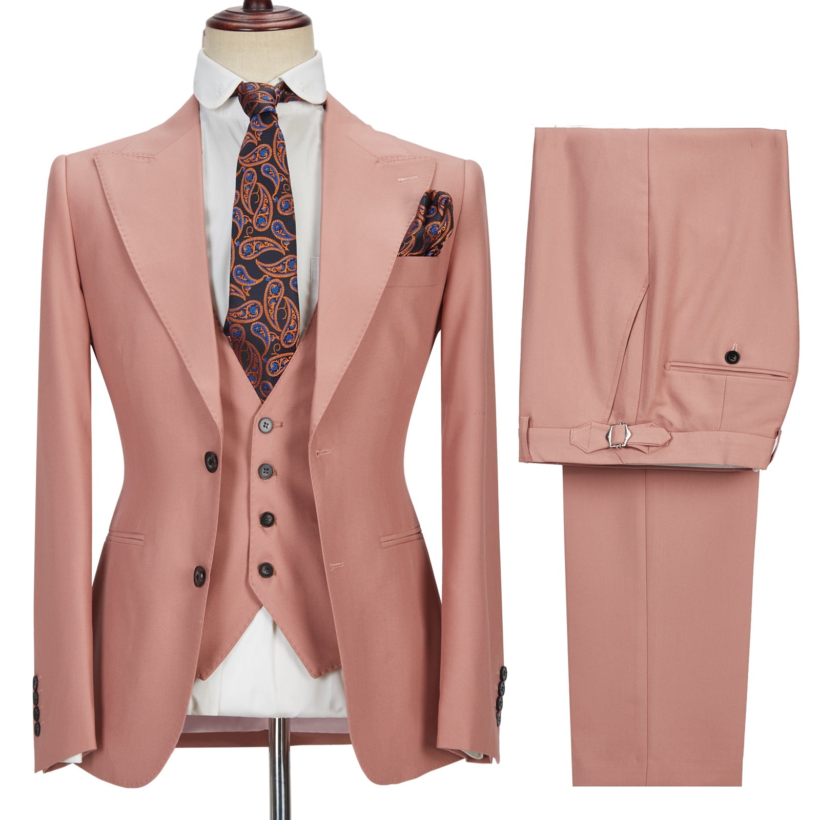 Pink Three-Piece Marriage Suit with Two Buttons and Peak Lapel for Men