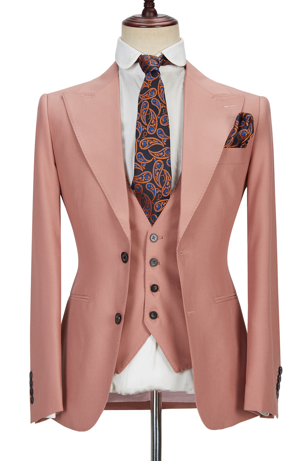 Pink Three-Piece Marriage Suit with Two Buttons and Peak Lapel for Men