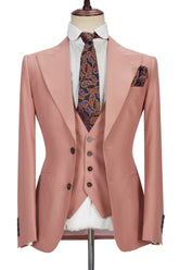 Pink Three-Piece Marriage Suit with Two Buttons and Peak Lapel for Men