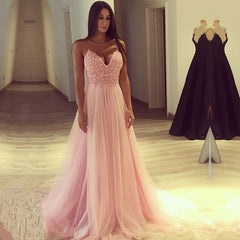 Pink Tulle Lace Spaghetti-Straps Prom Dress
