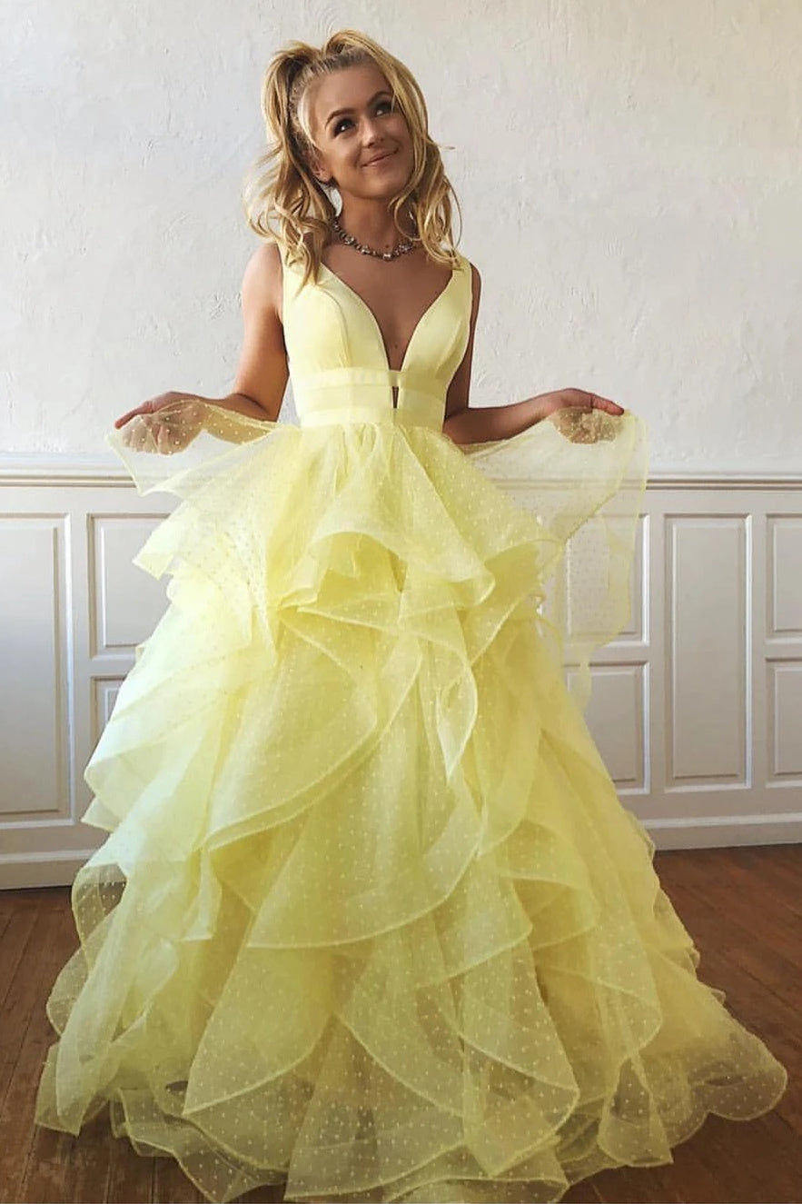 Plunging Neck A-line Cascading Ruffles Long Yellow Prom Dress