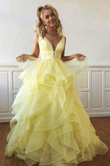 Plunging Neck A-line Cascading Ruffles Long Yellow Prom Dress