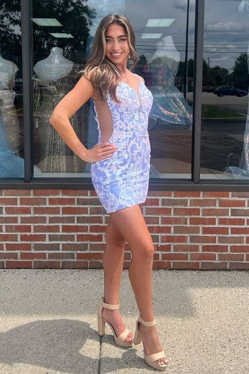 Plunging Neck Applique Tight Homecoming Dress