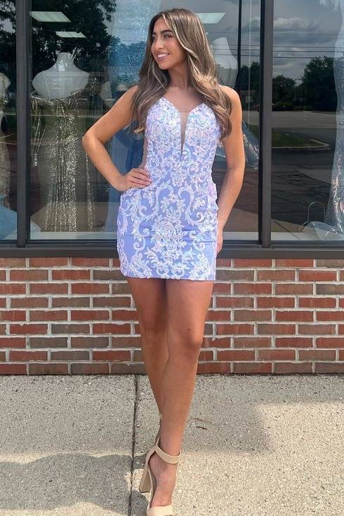 Plunging Neck Applique Tight Homecoming Dress