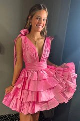 Plunging Neck Blue Bow Sleeves Tiered Short Homecoming Dress