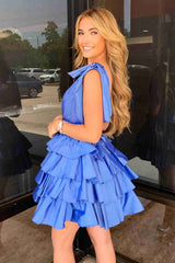 Plunging Neck Blue Bow Sleeves Tiered Short Homecoming Dress