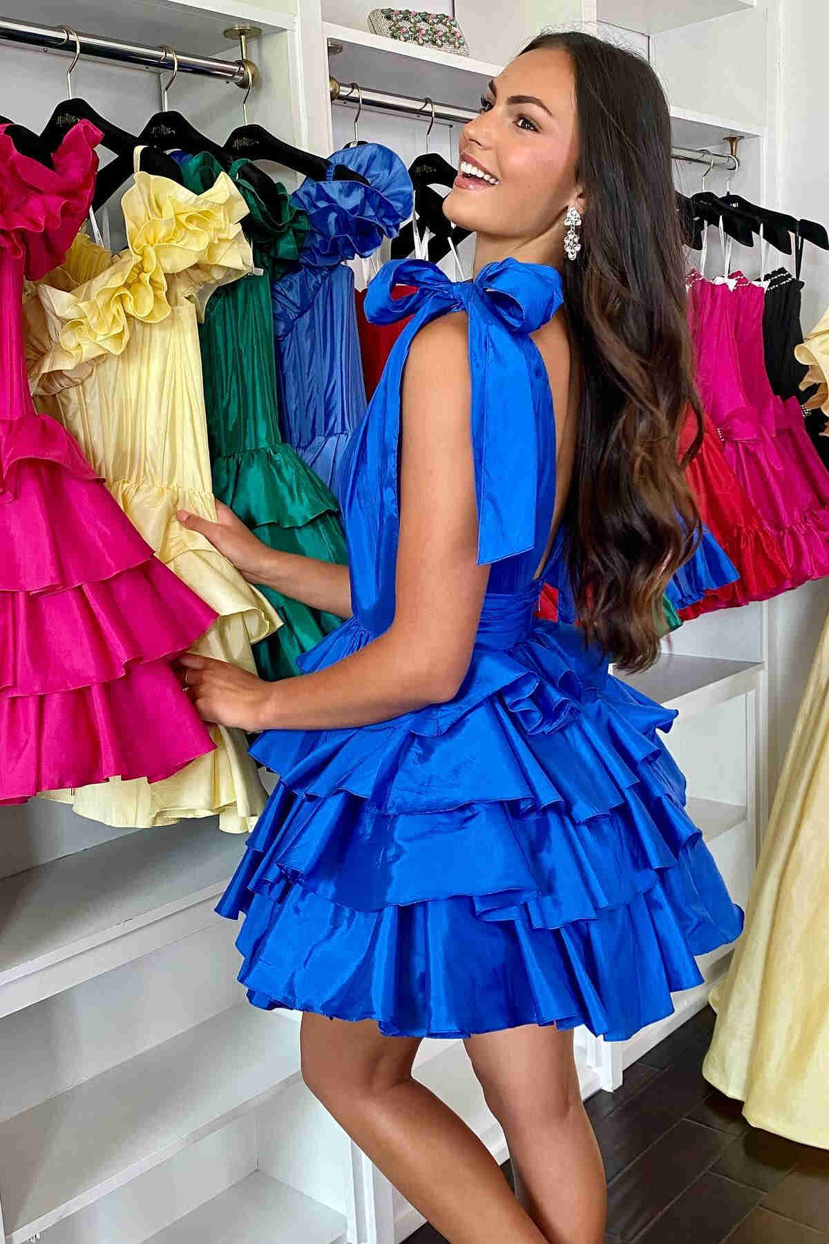 Plunging Neck Blue Bow Sleeves Tiered Short Homecoming Dress