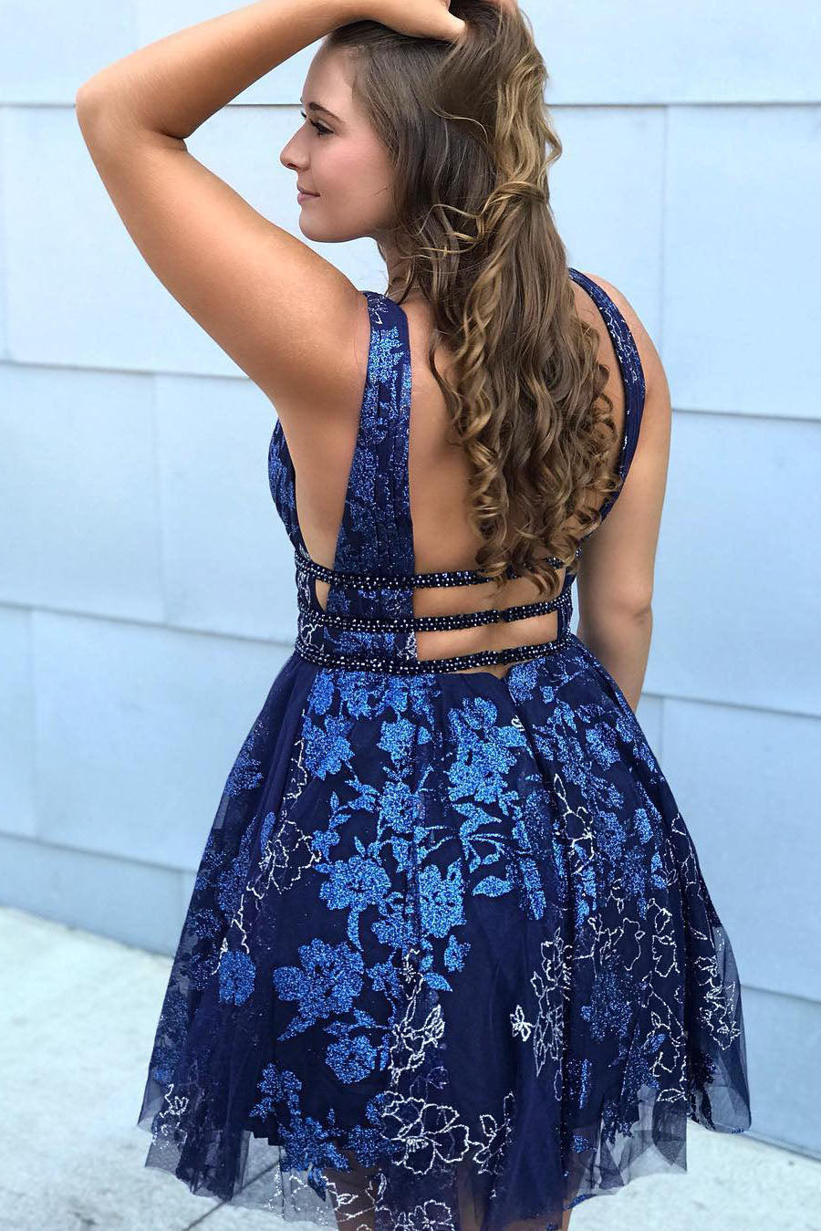 Plunging Neck Embroidery Navy Blue Homecoming Dress