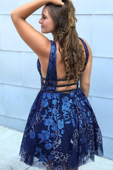 Plunging Neck Embroidery Navy Blue Homecoming Dress