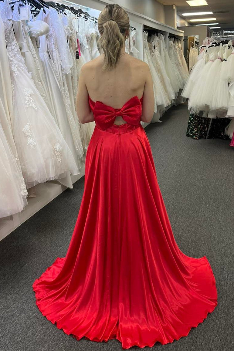 Plunging Neck Red Satin Slit Long Formal Dress with Bow