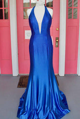 Plunging Neck Royal Blue Mermaid Prom Dress