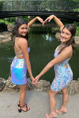 Plunging Neck Spaghetti Straps Short Homecoming Dress with Sequins