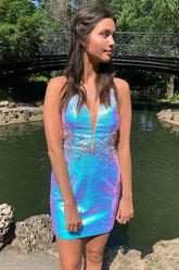 Plunging Neck Spaghetti Straps Short Homecoming Dress with Sequins