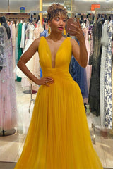 Plunging Neck Yellow Tulle Prom Dress