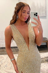 Plunging V-Neck Red Beaded Grid Mermaid Prom Dress with Slit