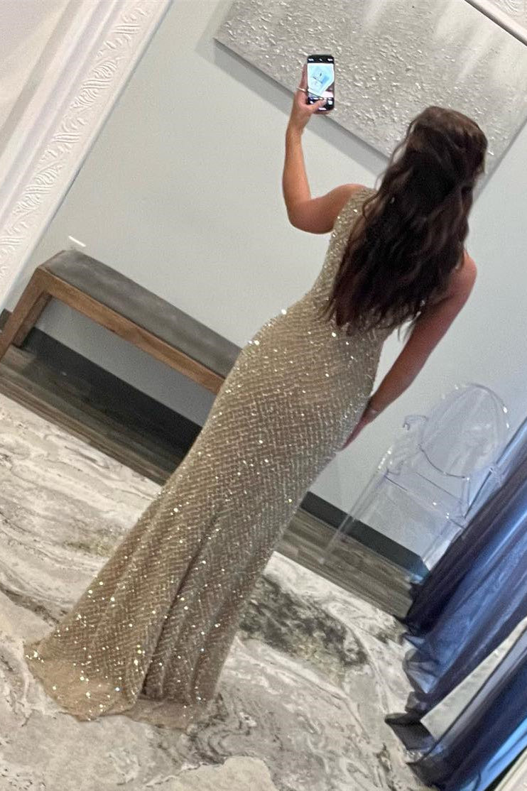 Plunging V-Neck Red Beaded Grid Mermaid Prom Dress with Slit