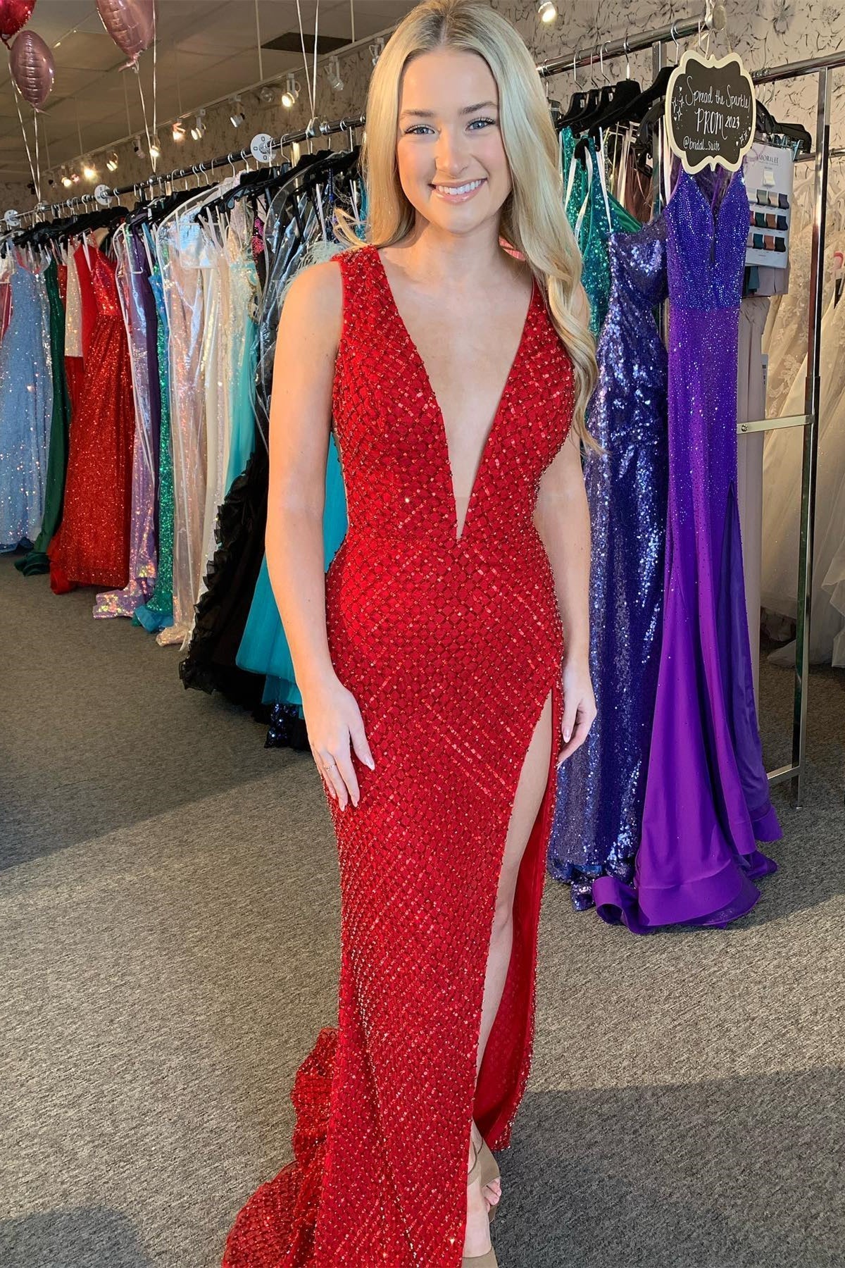 Plunging V-Neck Red Beaded Grid Mermaid Prom Dress with Slit
