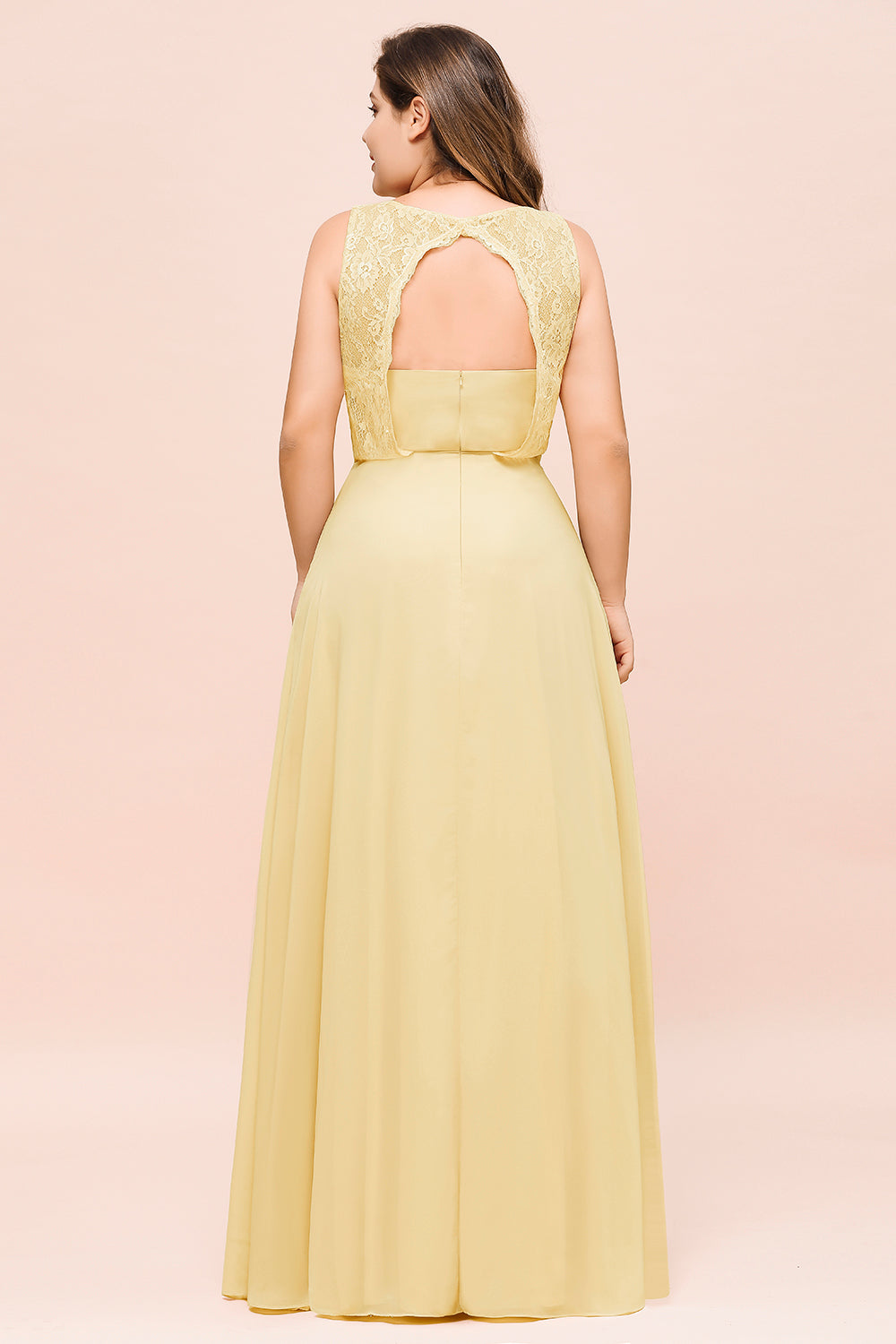 Plus Size Lace Sleeveless Affordable Daffodil Bridesmaid Dress-Babyonlines