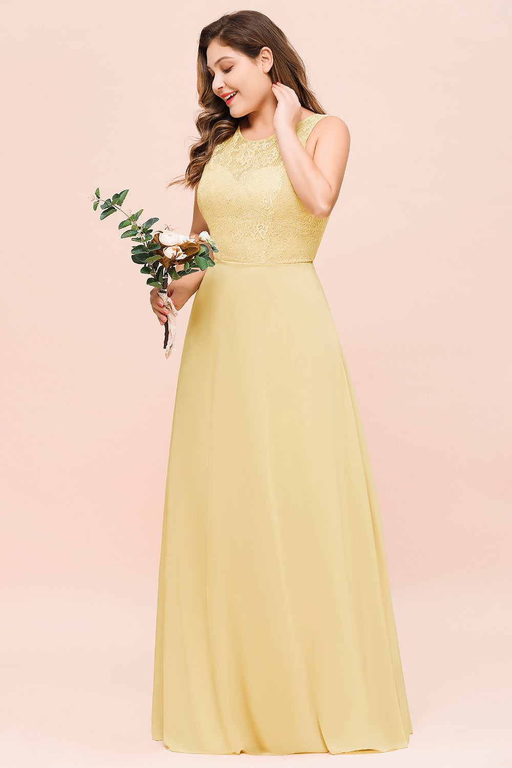 Plus Size Lace Sleeveless Affordable Daffodil Bridesmaid Dress-Babyonlines
