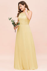 Plus Size Lace Sleeveless Affordable Daffodil Bridesmaid Dress-Babyonlines