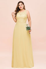 Plus Size Lace Sleeveless Affordable Daffodil Bridesmaid Dress-Babyonlines