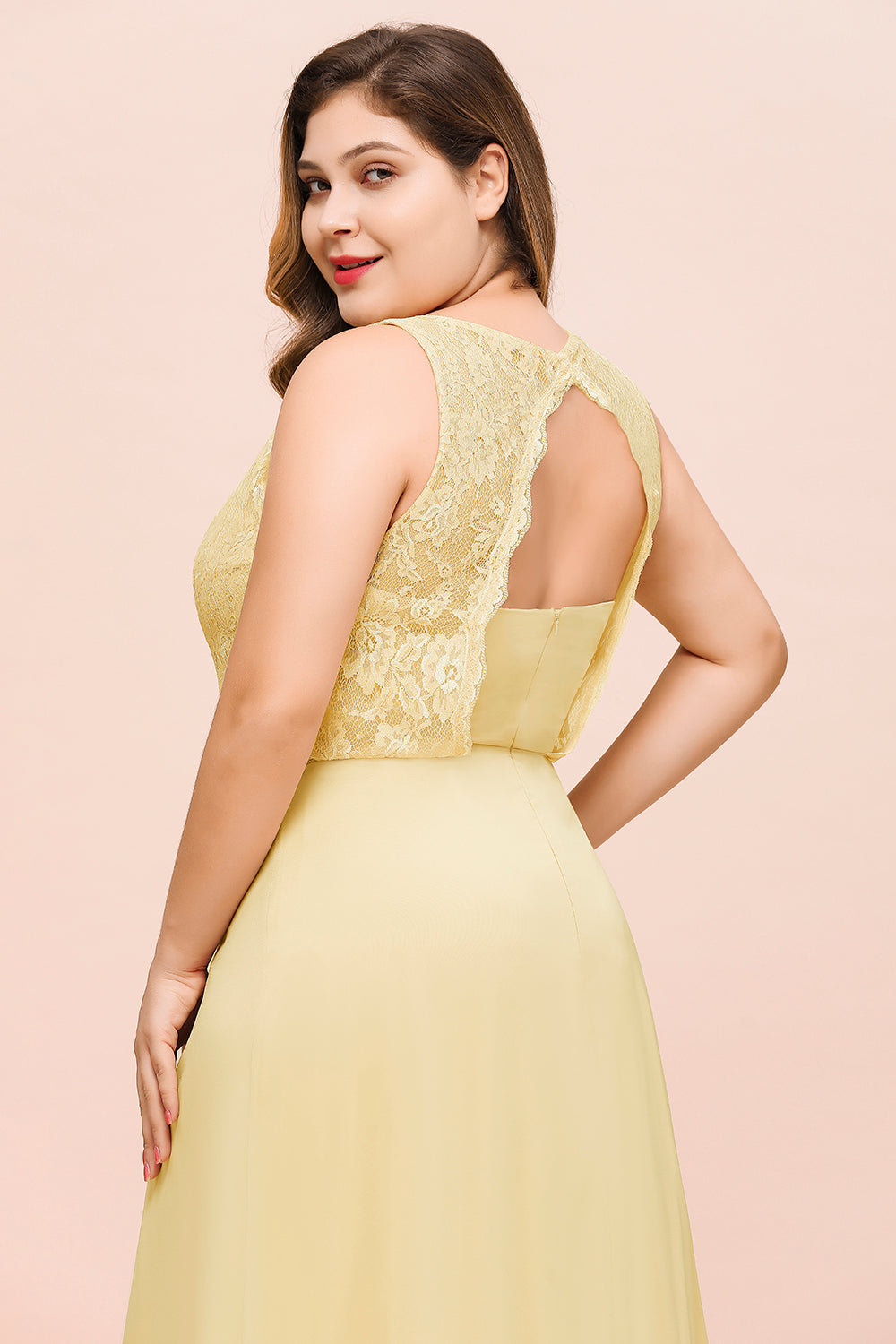 Plus Size Lace Sleeveless Affordable Daffodil Bridesmaid Dress-Babyonlines