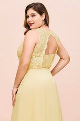 Plus Size Lace Sleeveless Affordable Daffodil Bridesmaid Dress-Babyonlines