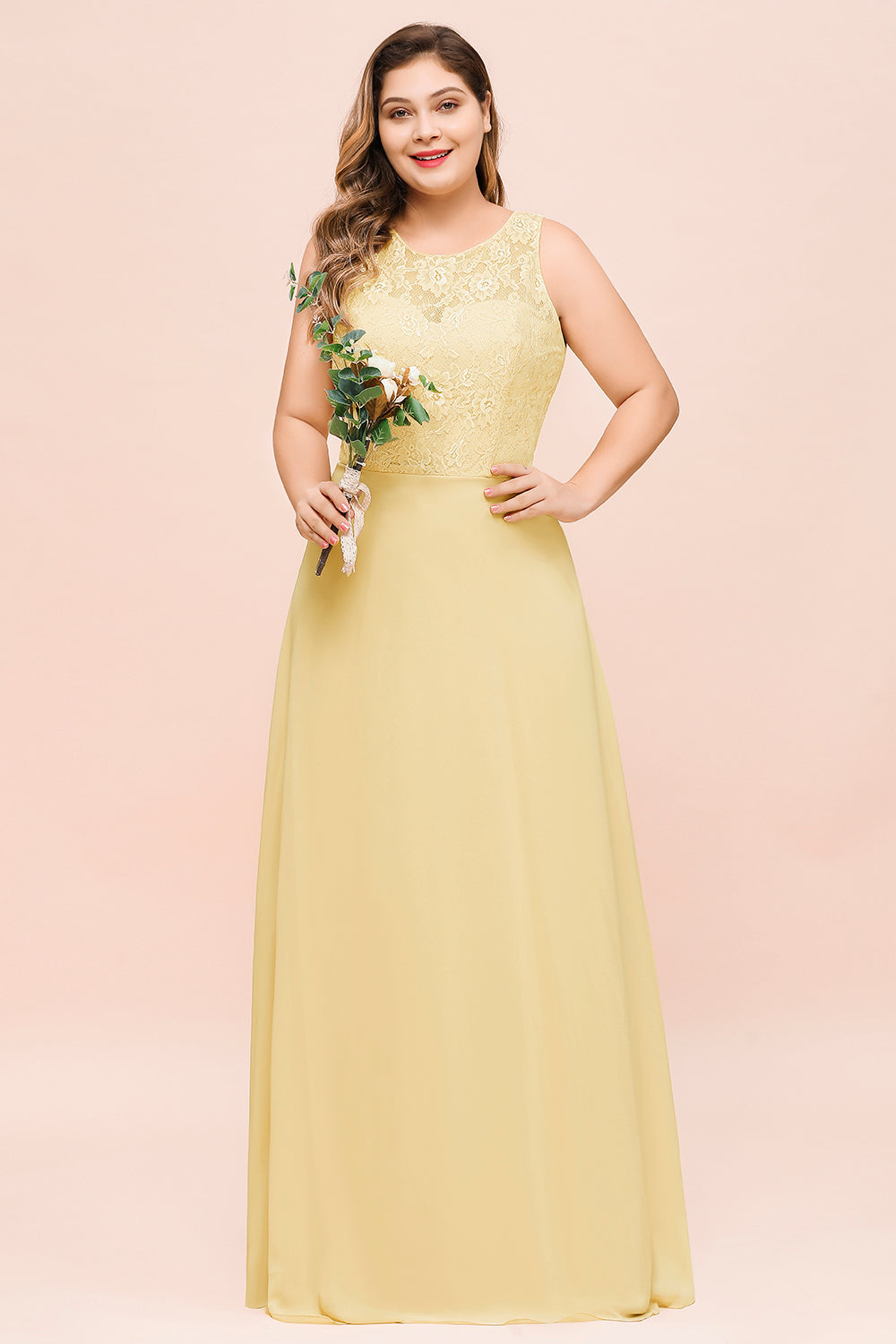 Plus Size Lace Sleeveless Affordable Daffodil Bridesmaid Dress-Babyonlines