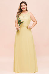 Plus Size Lace Sleeveless Affordable Daffodil Bridesmaid Dress-Babyonlines