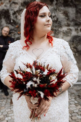 Babyonlines Plus Size Short Sleeves V-neck Wedding Dresses with Lace Applique